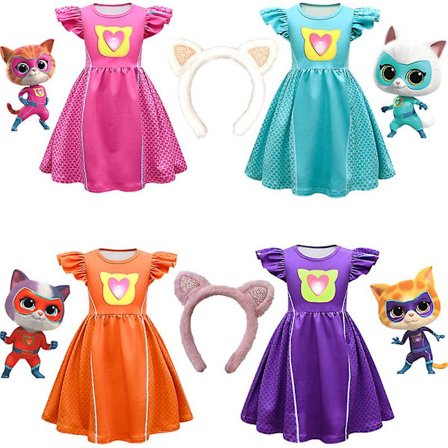 Barnklänningar Cosplay Super Kitties Klänningar För Superkitties kostym Flickor Flygande ärmar A-line klänning med väska och pannband