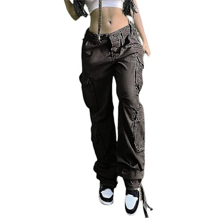 Baggy Hip Hop Cargo Byxor för Kvinnor med Ficka Y2k Låg Midja Dragsko Lösa Joggers Cargo Byxor Casual Mjukisbyxor Streetwear