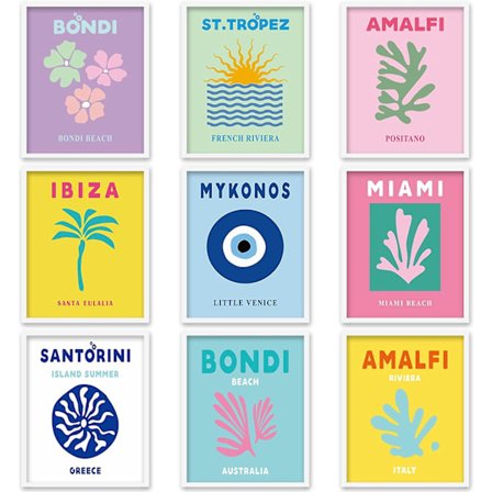 Heytea 9 stk. Preppy rejsevægkunsttryk Abstrakt æstetisk preppy værelseindretning Farverig minimalistisk plakatindretning uden ramme til stue 