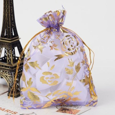 10 st. Handsydda Organza påsar Ljus Lila med Guldrosor c.a 9x12 cm.