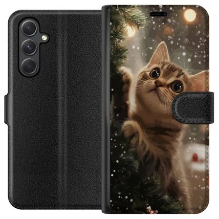 Yhteensopiva Lompakkokotelo Samsung Galaxy A35 Joulukissa joulukuusen valossa lumisateessa, täydellinen motiivi joulun ystäville ja kissan ystäville v