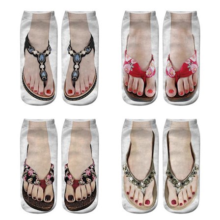 4 Par Funny Flip Flop Manicure Print Sokker 3D Mønster Sokker Sandal Trykte Sokker Lav Snit Ankel Sokker Løbe Yoga Sokker