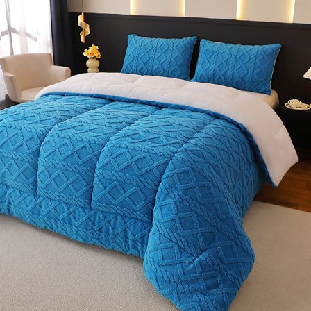 Supervarmt og komfortabelt fleeceteppe - Tykt, dobbeltsidig hjemmeteppe for vinter og hele året | I nøytralt rutedesign, lett å vaske, blått 90cm*