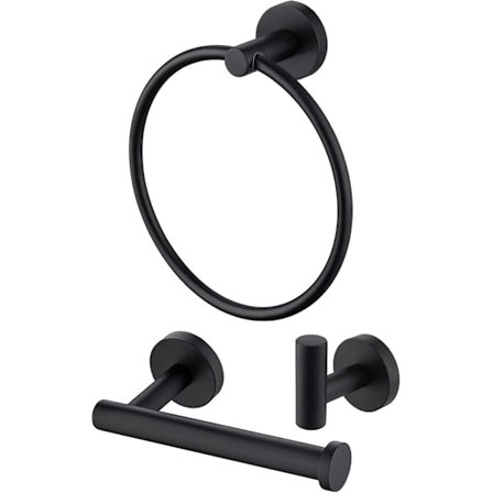 Musta kylpyhuonetarvikesetti, 3 osaa, WC-paperiteline, pyyherengas, kylpytakki koukku, seinään asennettava Sus 304 ruostumaton teräs, mattamusta, 