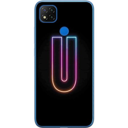 Kompatibel Mobilcover til Xiaomi Xiaomi Redmi 9C Minimalistisk neonbogstav U i farverig lyseffekt mod sort baggrund