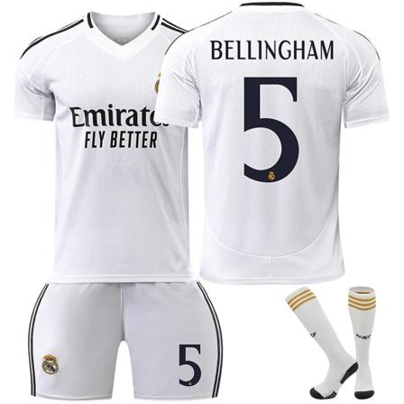 Kausi 2425 Real Madridin kotipaita nro 5 Bellingham jalkapalloaiheinen jalkapallopaita setti sisältää aikuisten ja lasten koot No. 5 Bellingham 20(110