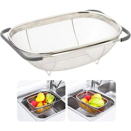 Vask Durkslag, Rustfrit Stål Finmasket Udtrækkelig Oval Si Kurv med Gummihåndtag til Køkkenvask