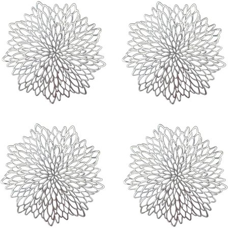 4 stk. sølvfarvede dækkeservietter, hule runde dækkeservietter, runde dækkeservietter