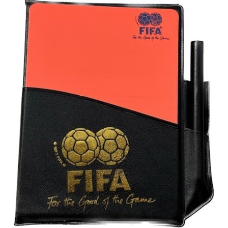 Set med 2 kort (gul+röd) för domare tillsammans med en anteckningsbok och penna i vinylomslag.