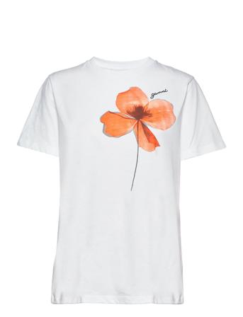Light Cotton Jersey O-Neck Flower T-Shirt T-shirt Top Hvid Ganni