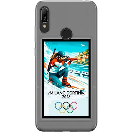 Kompatibelt Mobildeksel til Huawei Y6 (2019) Retroplakat Cortina Milano 2026 med fjell, vintersportsutøvere, italienske trikolor, Milano-katedralen og
