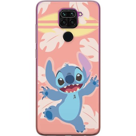Yhteensopiva Puhelinkuori Xiaomi Redmi Note 9 Iloinen Stitchin kuva, joka hyppää vaaleanpunaisen taustan edessä surffilaudalla