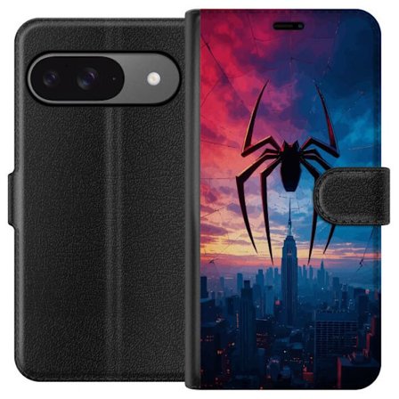 Yhteensopiva Lompakkokotelo Google Google Pixel 9 Tyylikäs hämähäkki kaupungin horisontin yläpuolella dramaattisessa auringonlaskussa, graafinen