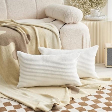 IC Ryggputer for sofa Soverom Sett med 2 myke stripete fløyelslange dekorative hvite puter, 12x20 tommer, hvit