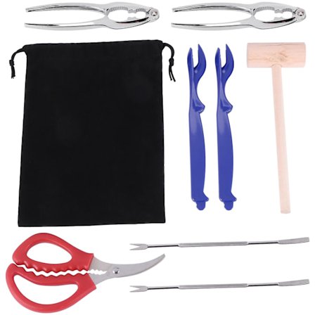 8 Dele Seafood Sæt, Inkluderer 2 Krebs Knekker, 2 Hummer Skaller, 2 Krebs Ben Gaffler, 1 Krebs Hammer Og 1 S