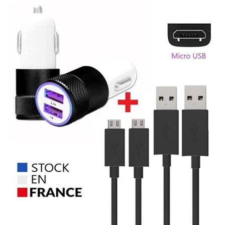 Autoladdarpaket + 2 Micro USB-kablar för Nokia C1 Plus Ultrakraftig och snabbladdare 2X (5V - 2.1A) + 1M kabel - SVART.