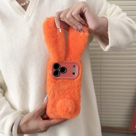 Puhelinkotelo: Oranssi pehmoinen 3D pitkäkorvainen pupu-kehysteline puhelinkotelo, sopii Apple 17 Pro Max/17 Pro/17 Air/17/16 Pro Max/16 Pro/16 Plus/