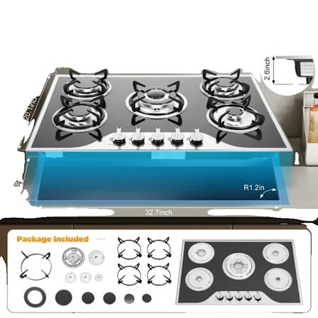 Gaskök, 5 brännare, elektronisk pulsgasantändning, inbyggd design