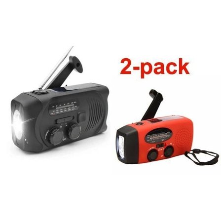 2-pack Svart och Röd Vevradio med Solceller, Ficklampa och 2000mAh Powerbank Nödradio