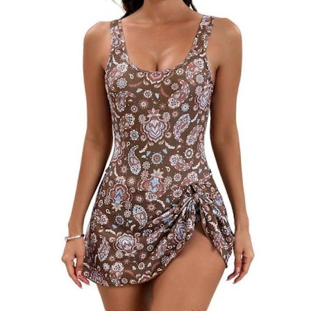 Dame Sideknude Print Svømmedragt med Mavekontrol, Badedragt med Skørt i Rosarød