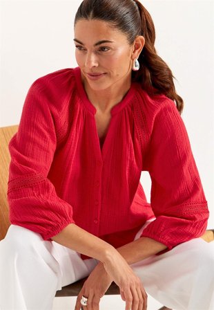 Cellbes of Sweden - Bluse i rynket bomuld i koralrød til damer i størrelse 34/36