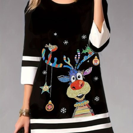 Plus Size Julekjole til Kvinder - Reindeer Print, Tre Kvarte Ærmer, Rund Hals, Let Stræk