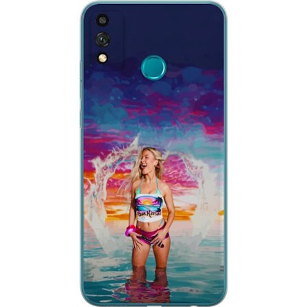 Kompatibel Mobilcover til Honor 9X Lite Blond kvinde i farverigt strandtøj, der leger i havet ved solnedgang