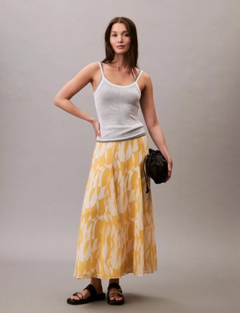 Calvin Klein Printed Chiffon Godet Midi Skirt - Yellow - 40