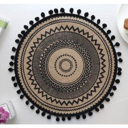 4 kpl Pyöreä Luonnonjute Tupsut Painettu Pöytätabletti Matto Kangas Tabletti Lasi-alunen Vedenpitävä Lasi-alunen Pöytäliina Keittiötarvike