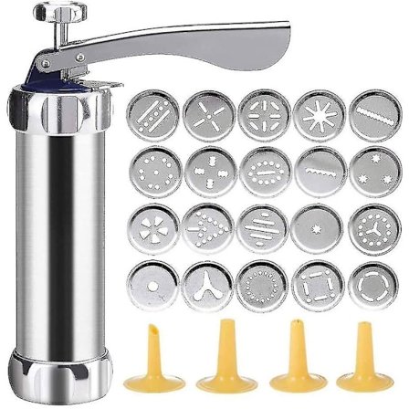Press-Aluminium Press-Set för Kakor, Bakverkspress med 20 Munstycken och 4 Tunna Degskivor i Rostfritt Stål, Silver