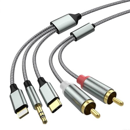 Lightning till RCA-kabel Audio Aux-adapter, RCA till 3,5 mm kabel USB-C till 2 RCA ljudkabel, 3-i-1 ljudkabel för bil, hemmabio, högtalare och mer