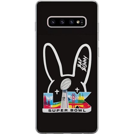 Kompatibel Mobilcover til Samsung Galaxy S10+ Bad Bunny portræt med åben skjorte, tatoveringer og krøllet hår i stilfuld modefotografering