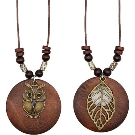 2 st Trähänge Halsband med Uggla Löv Berlocker Lång Vaxrep Kedja Halsband Handgjorda Smycken Halsband för Kvinnor Gåva