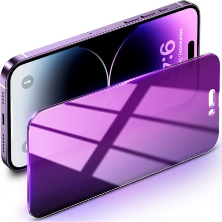 Personvernskjermbeskytter for iPhone 14 Pro Max - Anti-spion, Anti-blått lys, HD full dekning herdet glass med ramme, lilla