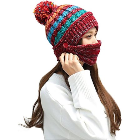 Rød strikket lue og skjerfsett for kvinner, vinterstrikket lue, tykk heklet