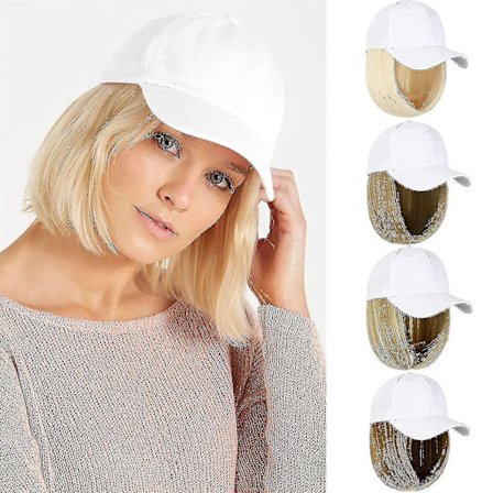 Baseball kasket med hår 14 tommer lige kort bob frisure justerbar paryk hætte fastgjort hårstykke til kvinde pige askeblond blanding blegeblond