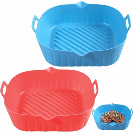 2 pakke silikone luftfrituregryder, 8" firkantet silikone luftfriturekurv, velegnet til 4-7 QT, genanvendelig og fødevaresikker (blå + rød)