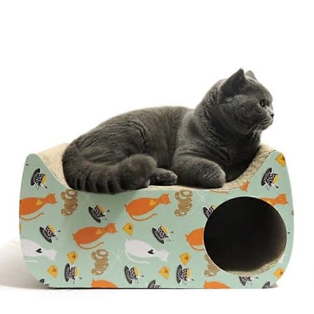 Kissamuotoinen kissan oleskelutila, pahvinen raapimalauta, kissanmintulla (PA)