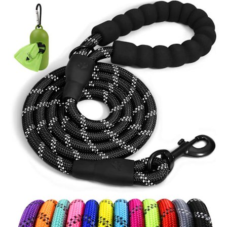 Hundebånd i tau, 1,8 meter langt, med et komfortabelt polstret håndtak og svært reflekterende søm, egnet for mellomstore til store hunder, svart.