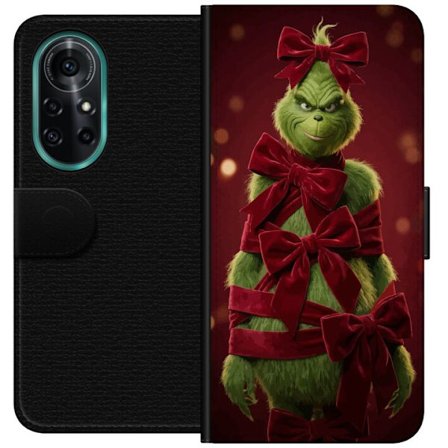 Yhteensopiva Lompakkokotelo Huawei Huawei nova 8 Pro Grinchi-hahmo koristeltu punaisilla samettinauhoilla juhlavassa studiossa, leikkisällä ja humor
