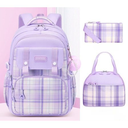 3-pak sød rygsæk til piger med madkasse og penalhus, vandafvisende skoletaske til børn, preppy æstetisk plaid design, alder 4-16_TF_TF