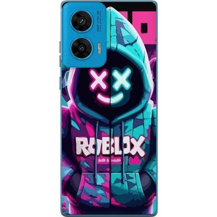 Motorola G96 Gjennomsiktig deksel Roblox neon hettegenser i nærbilde med intensivt nærbilde av forkledt karakter i rosa og blått neonlys, som gir e