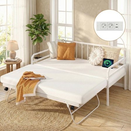 3 in 1 Aikuisten Sänky 180 x 200 CM COSTWAY, LED-valot, Latausasema, 2 Erillistä Yksittäistä Sänkyä Lukittavilla Pyörillä, Valkoinen