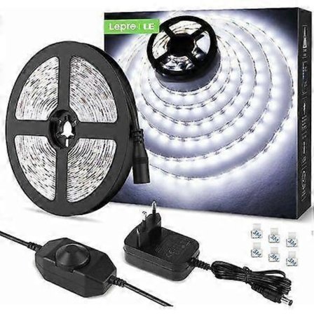 5M LED-remsa 1200Lm Kallvit Dimbar, 12V 6000K 300 LED 2835, Självhäftande LED-remsa med Dimmer, Kontakter+Transformator