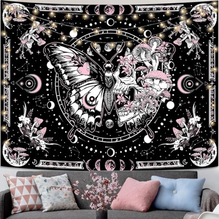 (Pinkki, 152 cm x 112 cm) Luuranko Perhonen Seinävaate Pinkki Kallo Hippie Sieni Kasvit Seinävaate Makuuhuoneeseen Kuun vaiheet Esteettiset 