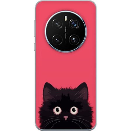 Kompatibel Mobilcover til Honor Honor Magic7 Pro Sød sort kat mod lyserød baggrund kawaii illustration med blødt pels og store øjne perfekt til ka