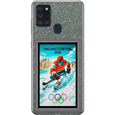 Yhteensopiva Puhelinkuori Samsung Galaxy A21s Curlingkuvitus pelaajilla ja kivillä jäällä, Milano Cortina 2026, lumisia roiskeita ja olympiasormukset