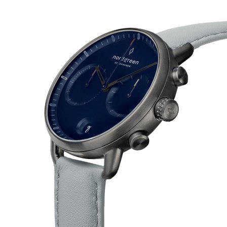 Nordgreen Men's Classic Large Wrist Watch Watch - Silver Case - Navy Dial - Grey Vegan Leather Watch Strap Pioneer White Dial Chronograph