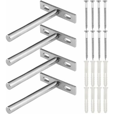 Skjult T-formet væghyldeholder, 4 skjulte dele, der fastgør metalstøtter til flydende hylde, Usynlige flydende hylder sølv til hjemmevæg