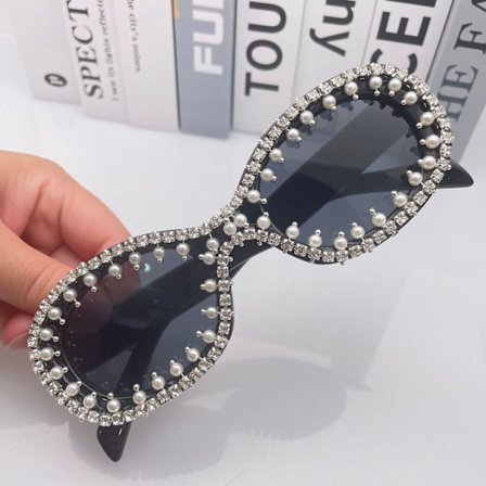 Women Oval Sunglasses UV400 Bling Pearl Rhinestone Elegant Personalized Party H